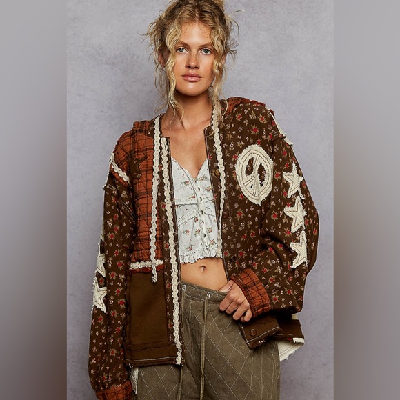 🌺LAST ONE🌺 POL Brown Star & Peace Patch Floral mix Hoodie Jacket Relaxed Fit - Picture 4 of 9